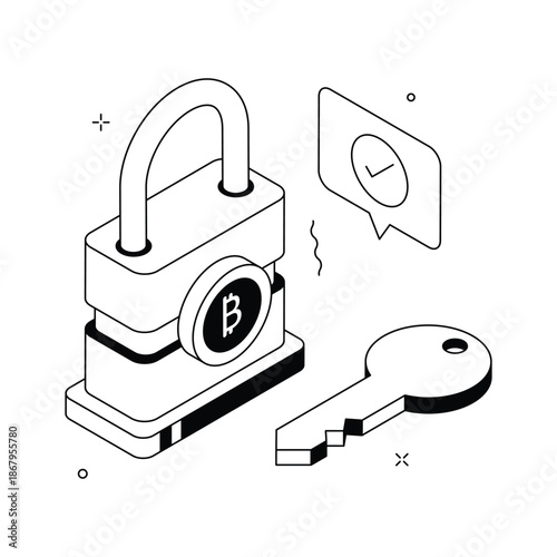 An isometric illustration of bitcoin security key, ready to use