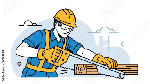 Man in hard hat and safety gear using a chainsaw to cut wood