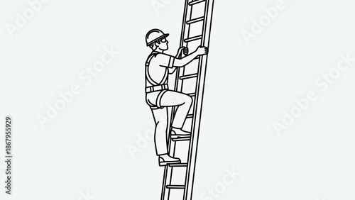 Worker climbing ladder safely with hard hat and harness