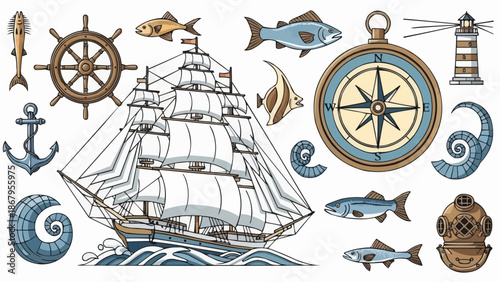 Nautical theme elements including a sailing ship, compass, lighthouse, and anchor.