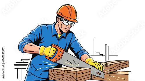 Man sawing wood with handsaw in workshop