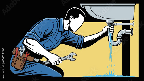 Plumber fixing leaky sink with wrench in hand quickly