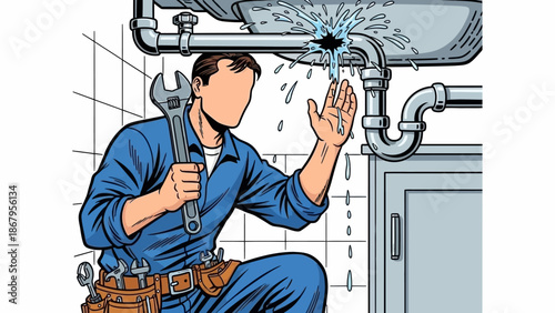 Plumber fixing burst pipe under sink with wrench