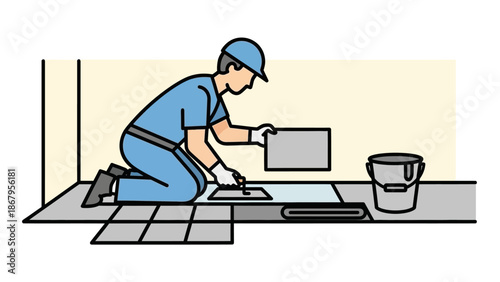 Man laying tiles on a floor with a bucket nearby