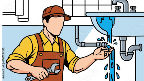 Plumber fixing leaky sink with wrench in hand quickly