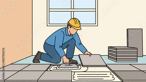 Man laying tiles on a floor in a construction site