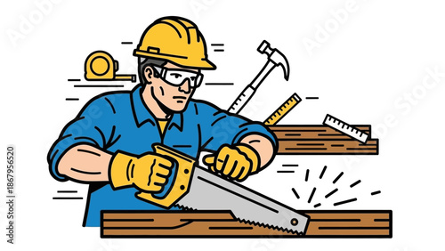 Construction worker sawing wood with safety gear and tools