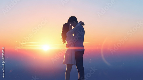 Couple embracing at sunset silhouette of man and woman in romantic moment against vibrant sky symbolizing love and togetherness