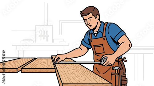 Skilled carpenter measuring wood in workshop for precise cut