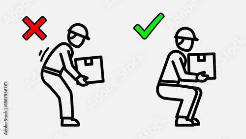 Proper lifting techniques illustration showing correct and incorrect posture for lifting boxes safely