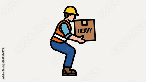 Worker in safety gear lifting a heavy box with proper technique