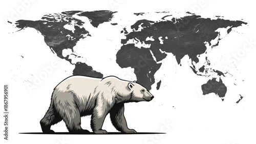 A polar bear walks in front of a world map in a minimalist illustration