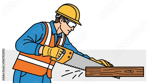 Worker in safety gear using a handsaw to cut a wooden beam precisely