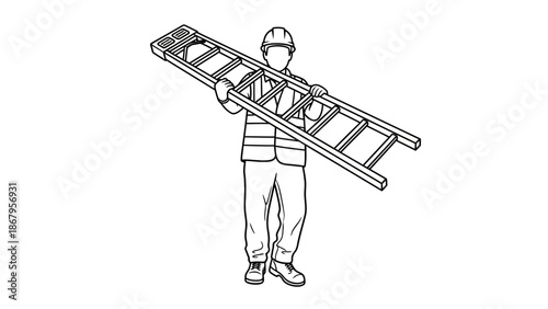 Man in safety gear holding a ladder for construction or maintenance work purposes