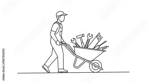 Worker pushing a wheelbarrow full of various tools for construction or repair work daily