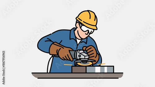 Worker in hard hat using power tool on metal piece in workshop setting daily