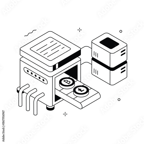Modern isometric illustration showing crypto blockchain system