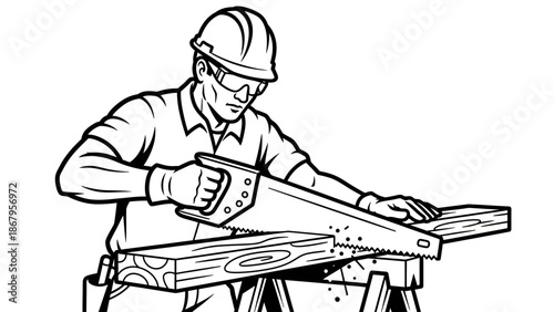 Man in hard hat using handsaw to cut wood on sawhorses carefully outside