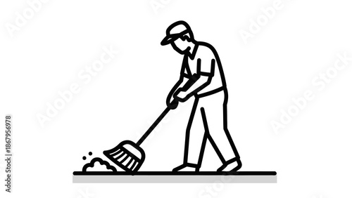 Man sweeping debris with a broom in a simple vector graphic illustration style