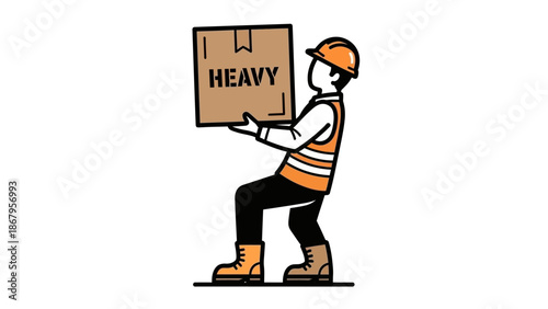 Man in hard hat lifting heavy cardboard box with both hands carefully