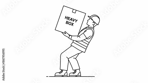 Man lifting a heavy box with effort and concentration in a simple line drawing