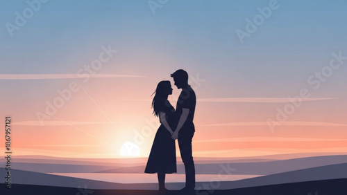 Silhouette of a couple holding hands at sunset romantic evening scene with warm sky and calm water perfect for love and relationship concepts