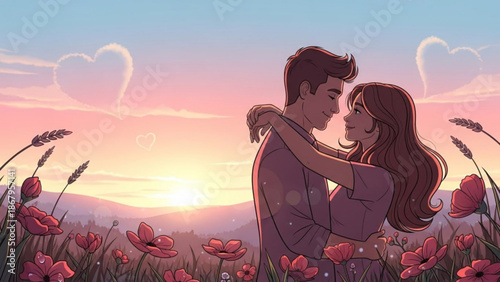 Young couple embracing in a field of flowers at sunset romantic illustration with heart shapes in the sky symbolizing love and togetherness