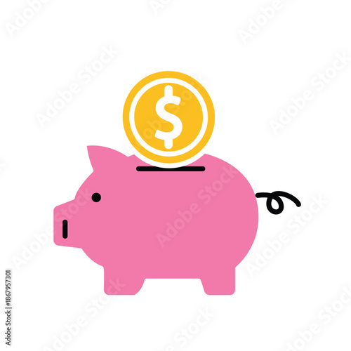 saving money icon. dollar coins go into piggy bank. economics, business, accounting. flat design style