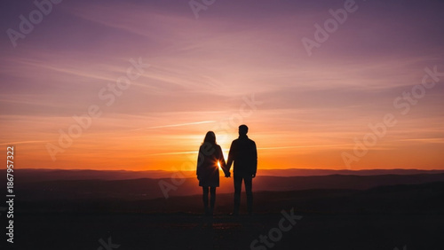 Silhouettes of a couple holding hands against a vibrant sunset sky symbolizing love and togetherness perfect for romantic themes and travel