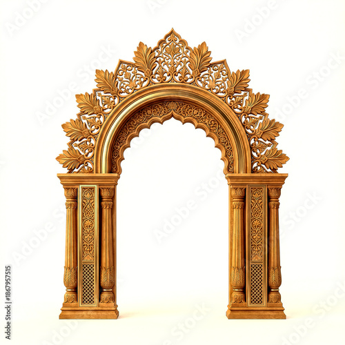 Ornate wooden archway with detailed floral carvings and geometric patterns in a rich isolated on a transparent background