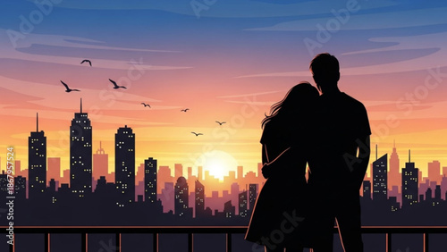 Couple embracing on a balcony overlooking a city skyline at sunset romantic silhouette with warm sky and urban landscape perfect for travel and lifestyle concepts