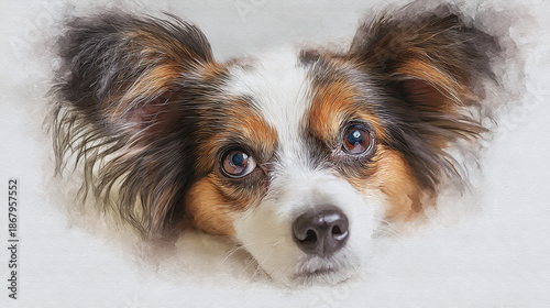 A Papillon dog with large ears looking directly at the viewer