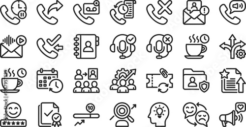 Customer Support and Call Center Workflow Line Icons Set, Helpdesk, Contact Center, CRM and Ticket Management Symbols