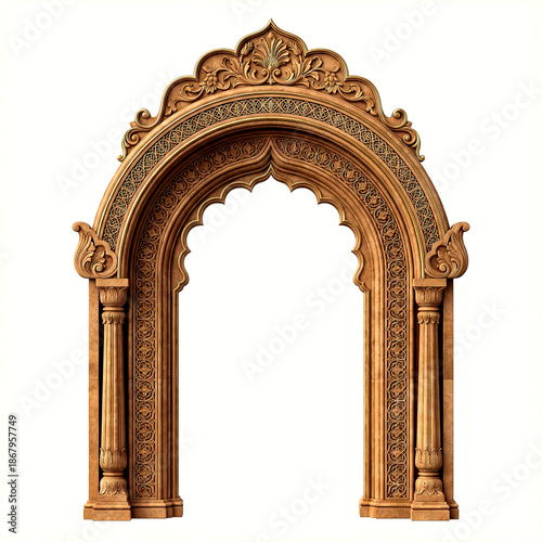 Ornate wooden archway with intricate carvings, floral patterns, and supporting columns in isolated on a transparent background