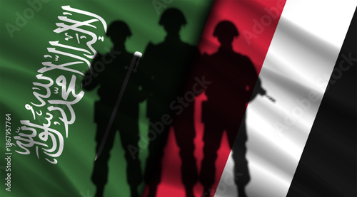 Vector politico economic poster. Wavy flags of Saudi Arabia and Republic of Yemen. Relations between countries. Dark shadows of soldiers. Army. Banner