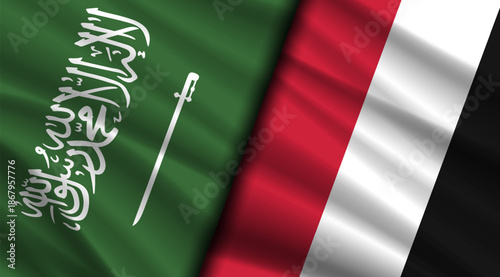 Vector politico economic poster. Wavy flags of Saudi Arabia and Yemen. Relations between countries. Banner