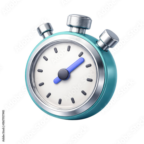 3D stopwatch icon on transparent background, teal timer, metallic finish with white dial and blue hands, modern countdown clock symbol for app ui, deadline and productivity design
