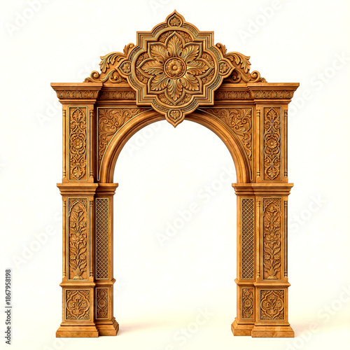 Ornate wooden archway with intricate floral carvings and geometric patterns in golden isolated on a transparent background