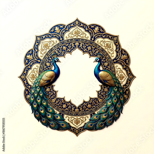 Intricate peacock-themed circular with blue and gold peacocks and floral patterns on a isolated on a transparent background