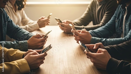Group of diverse people engrossed in their smartphones, ignoring each other at a table.