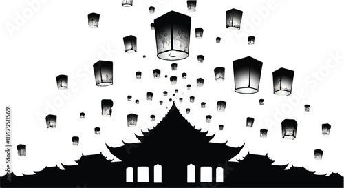 Dozens of illuminated lanterns ascend into the night sky above a silhouetted traditional temple.