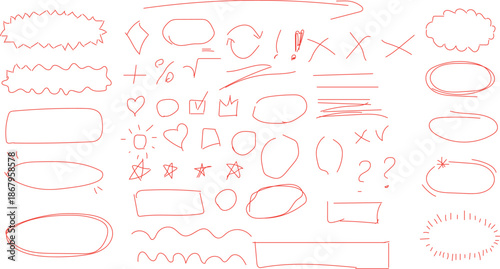 set of hand-drawn doodle elements in a red, marker-like style. These vector elements are often used as design assets for emphasis or decoration. 