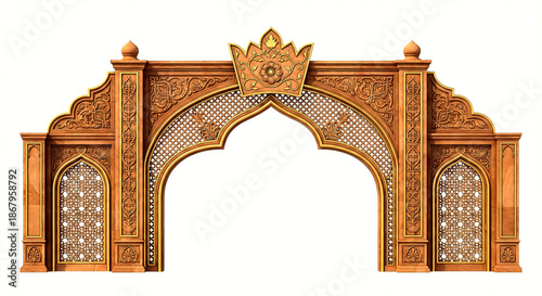Intricately carved wooden archway with detailed floral and geometric patterns and lattice isolated on a transparent background