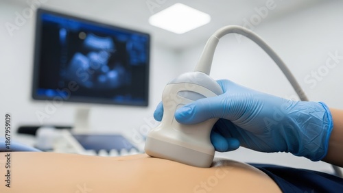 Medical professional using ultrasound device on pregnant womans abdomen in clinic, with monitor displaying fetal image, capturing the prenatal care experience and emotional connection