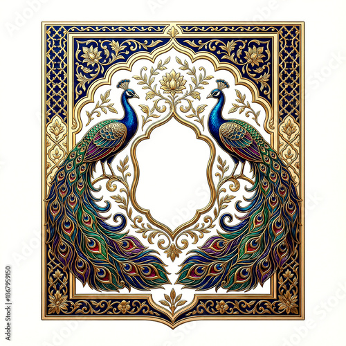 Ornate decorative frame with two symmetrical peacocks facing each other surrounded by isolated on a transparent background