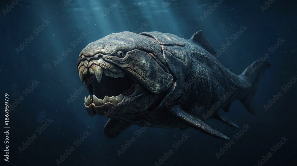 Fototapeta premium Realistic Dunkleosteus Prehistoric Armored Fish in Deep Ocean, Scientific Paleo Art Illustration