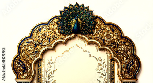 Ornate golden archway with intricate floral and geometric patterns and a central decorative isolated on a transparent background
