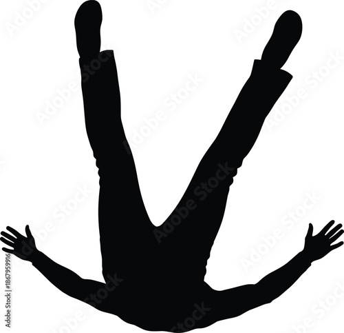 Falling man silhouette upside down with arms spread, black and white minimalist illustration symbolizing accident, risk, danger, failure, and motion