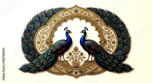 Ornate peacock with intricate gold and green feathers framed in detailed floral patterns isolated on a transparent background