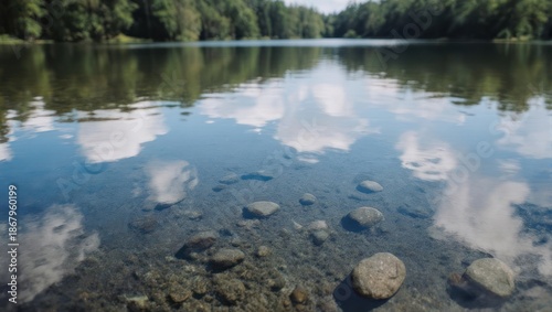 Clear lake water with reflections of clouds and trees, showing rocks on the bottom.